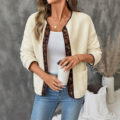 Strickjacke mit Leopardenmuster und Kontrastfarben an den Seiten für Damen, dicke Polarfleecejacke