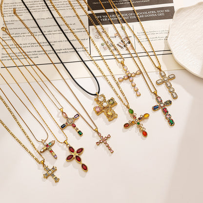 Collar de acero inoxidable con cruz de acero de titanio y cristales de colores ajustable para mujer