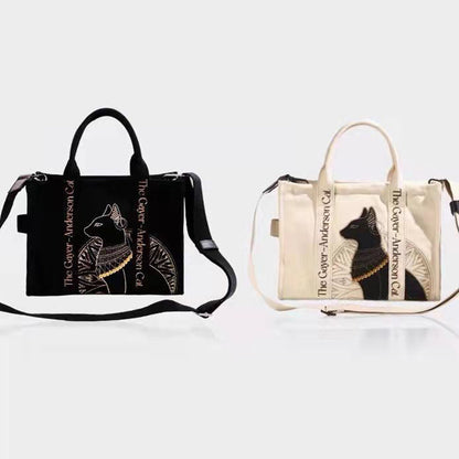Schultertasche aus Canvas mit Katzenstickerei