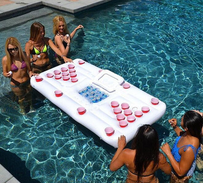 Colchón de aire para fiesta acuática, cubo de hielo, enfriador, portavasos, mesa inflable para beer pong, flotador de piscina