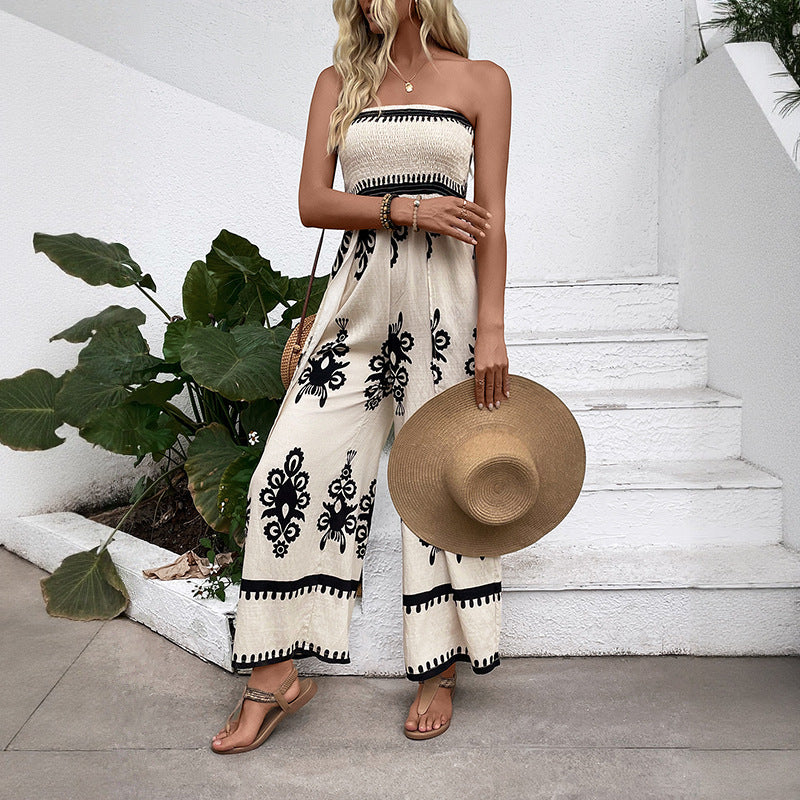 Holiday style ethnic print chest wide-leg split jumpsuit for women