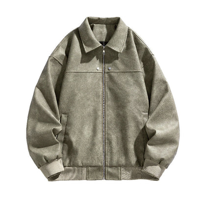 Chaqueta de tela de gamuza americana con solapas retro de cuero