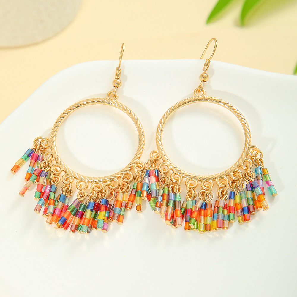 Bohemian New Hand-woven Colorful Bead Tassel Earrings
