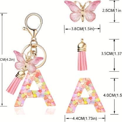 Llavero con borla de mariposa, lentejuelas y corazón con letras de amor