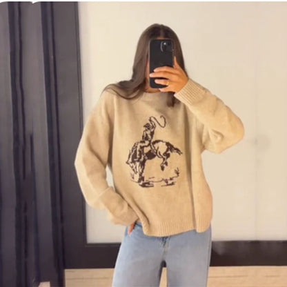 Cuello redondo, manga larga, suelto, moda, prendas de punto para mujer