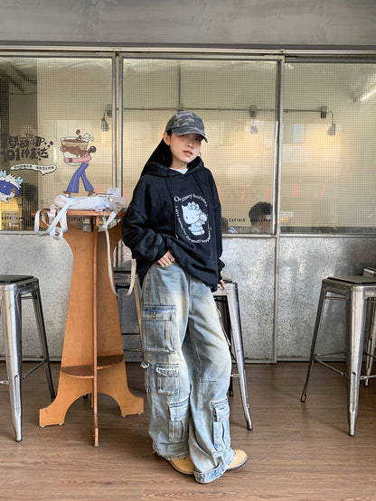 Street Work Design Jeans Pocket Stitching Weite Beinhose Damen