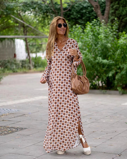Vestido largo de verano con cuello en V y estampado geométrico, manga larga y aberturas para mujer