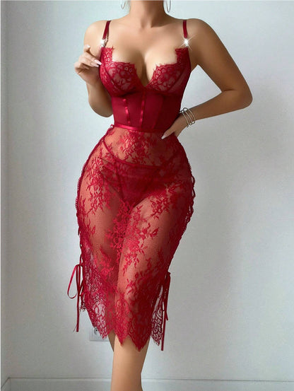 Spitze Hohl Rot Sexy Topless Mantel Sexy Dessous Kleid