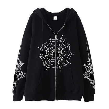 Sudadera con cremallera de telaraña para mujer, estilo urbano, de comercio exterior, con capucha, estilo retro americano, informal, para primavera y otoño