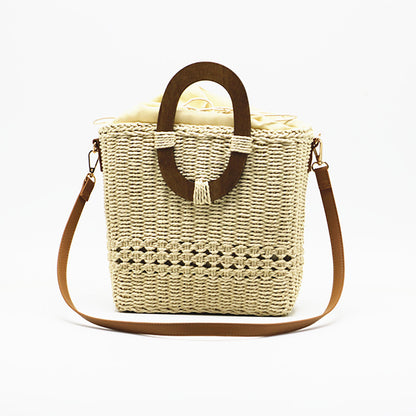 Bolso de mano tejido con un solo hombro para mujer, hecho de papel hueco con hierba
