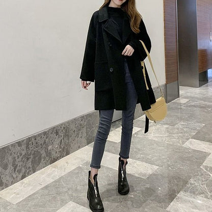 Abrigo de lana sintética holgado de longitud media estilo Hepburn coreano para mujer de invierno