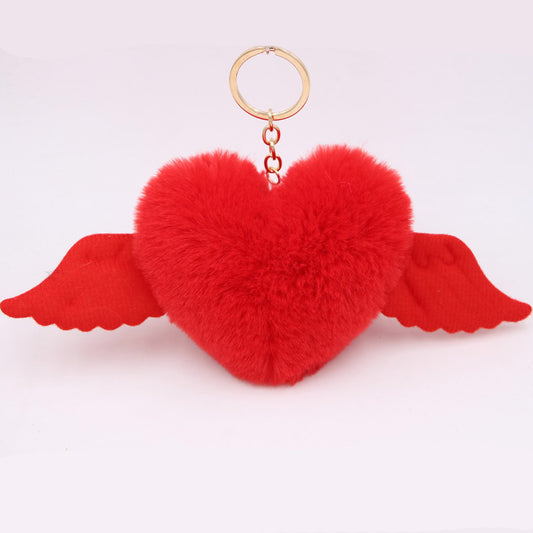 Peach Heart Wings Heart Wool Ball Keychain Pendant