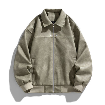 Chaqueta de tela de gamuza americana con solapas retro de cuero