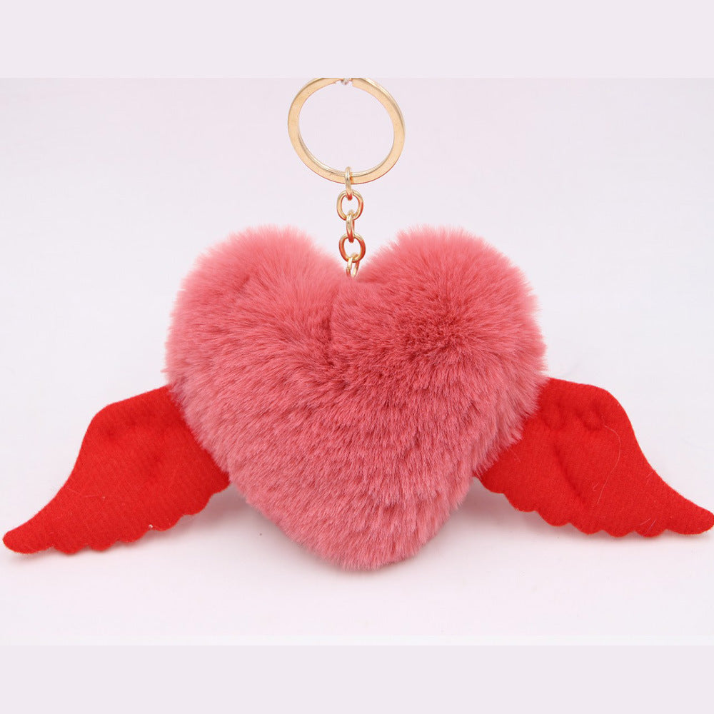 Peach Heart Wings Heart Wool Ball Keychain Pendant