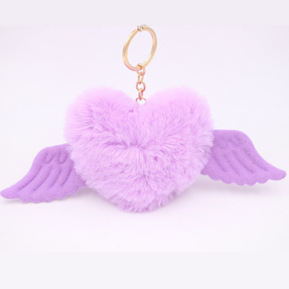 Peach Heart Wings Heart Wool Ball Keychain Pendant