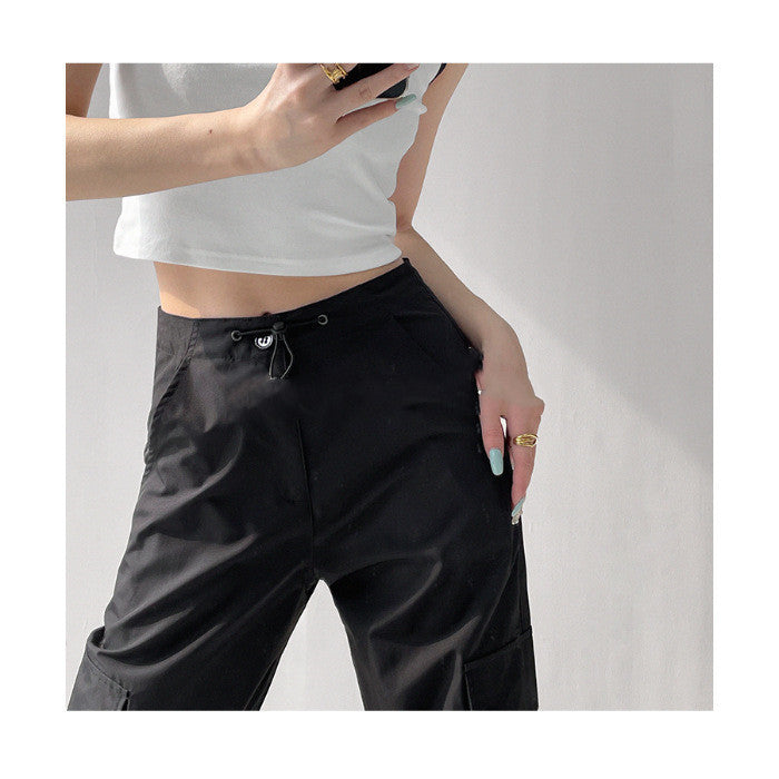 Low-waisted Drawstring Three-dimensional Pocket Work Pants For Women