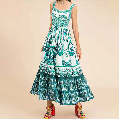 Bedrucktes ärmelloses Kleid, modisches Temperament, Spaghetti-Taille, große Saumkleider für Damen