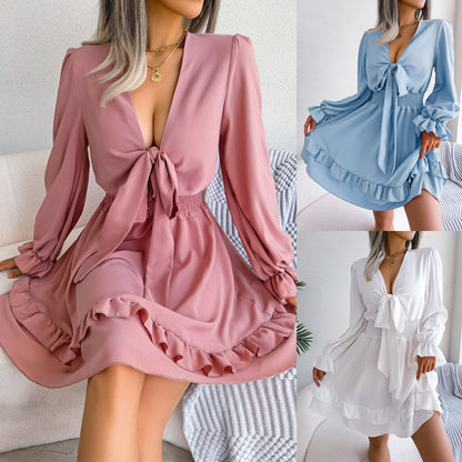 Vestidos de verano de color liso con escote en V y manga larga para mujer, vestido sexy de corte A con cuello en V y cordones, vestido de playa para mujer