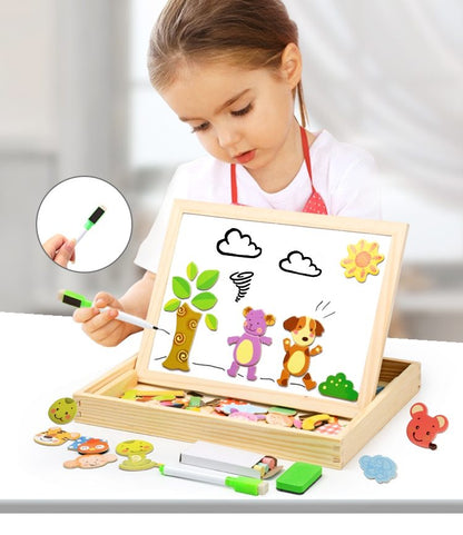 Rompecabezas magnético de madera para niños, caja de rompecabezas 3D con figuras de animales, tablero de dibujo y escritura, juguetes educativos de aprendizaje para niños. 