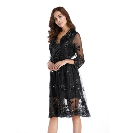 Simplee V langen hals party kleider frauen sexy mesh streetwear Weihnachten MIDI kleid weibliche herbst kleid 