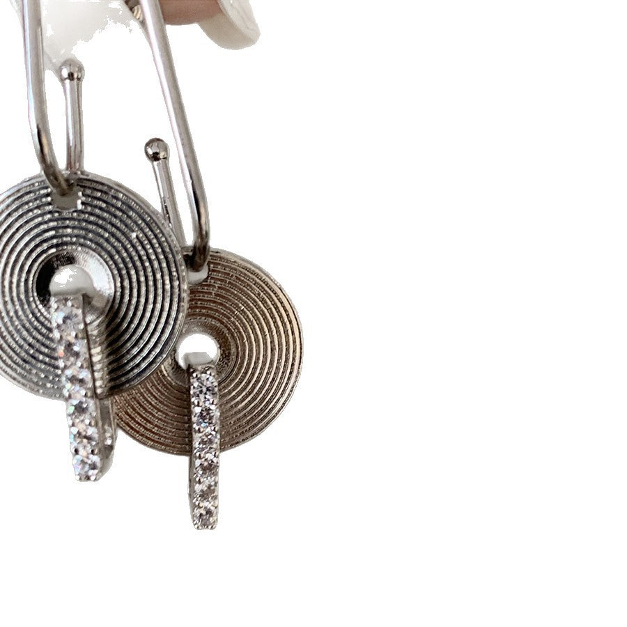 Silver Needle Round Grain Jeweled Pendant Earrings