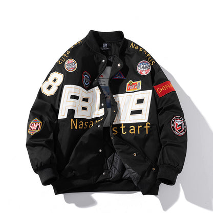 Pareja de otoño e invierno con uniforme de béisbol de motocicleta americana