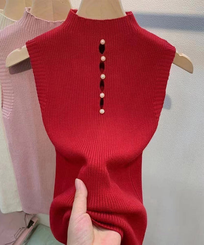Suéter de punto sin mangas con botones decorativos de cuello alto para mujer