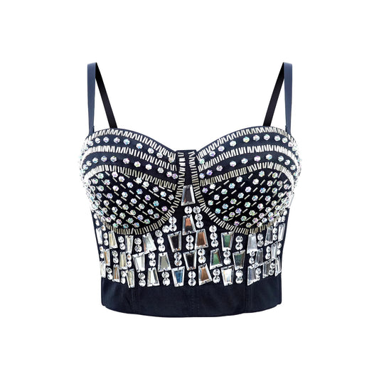 Sexy Waist-Exposed Chain Decorated Mini Camisole Bralette with Boning Design