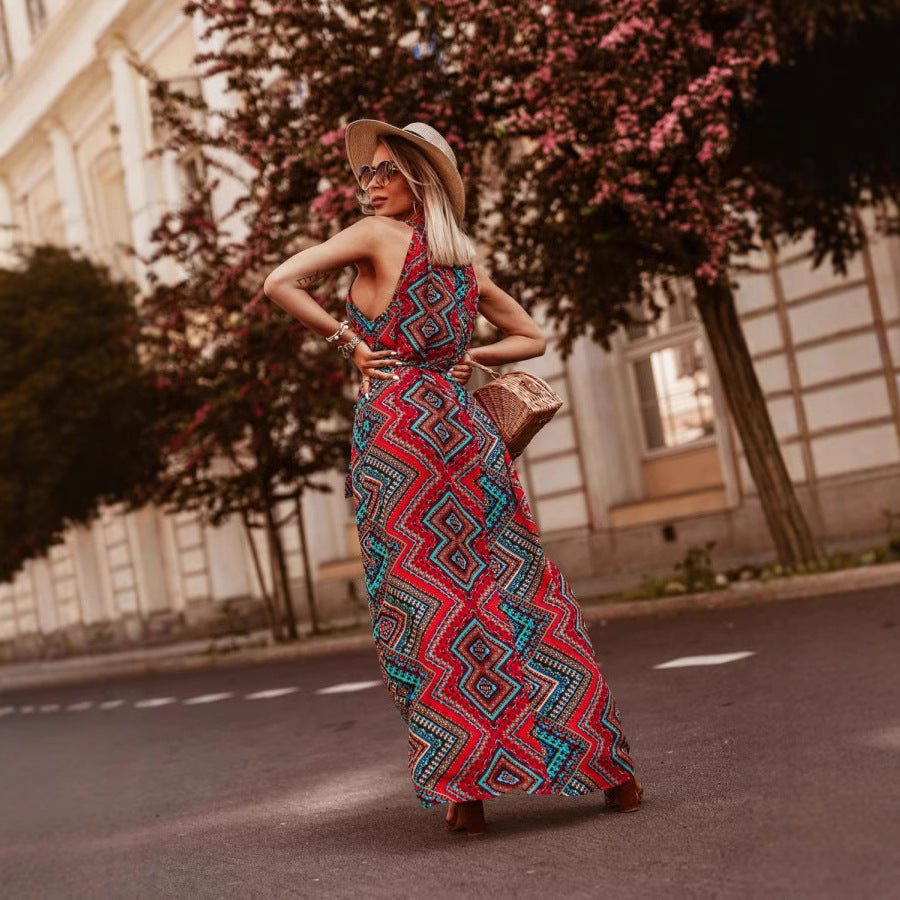 Bohemian Print Halter Long Dress