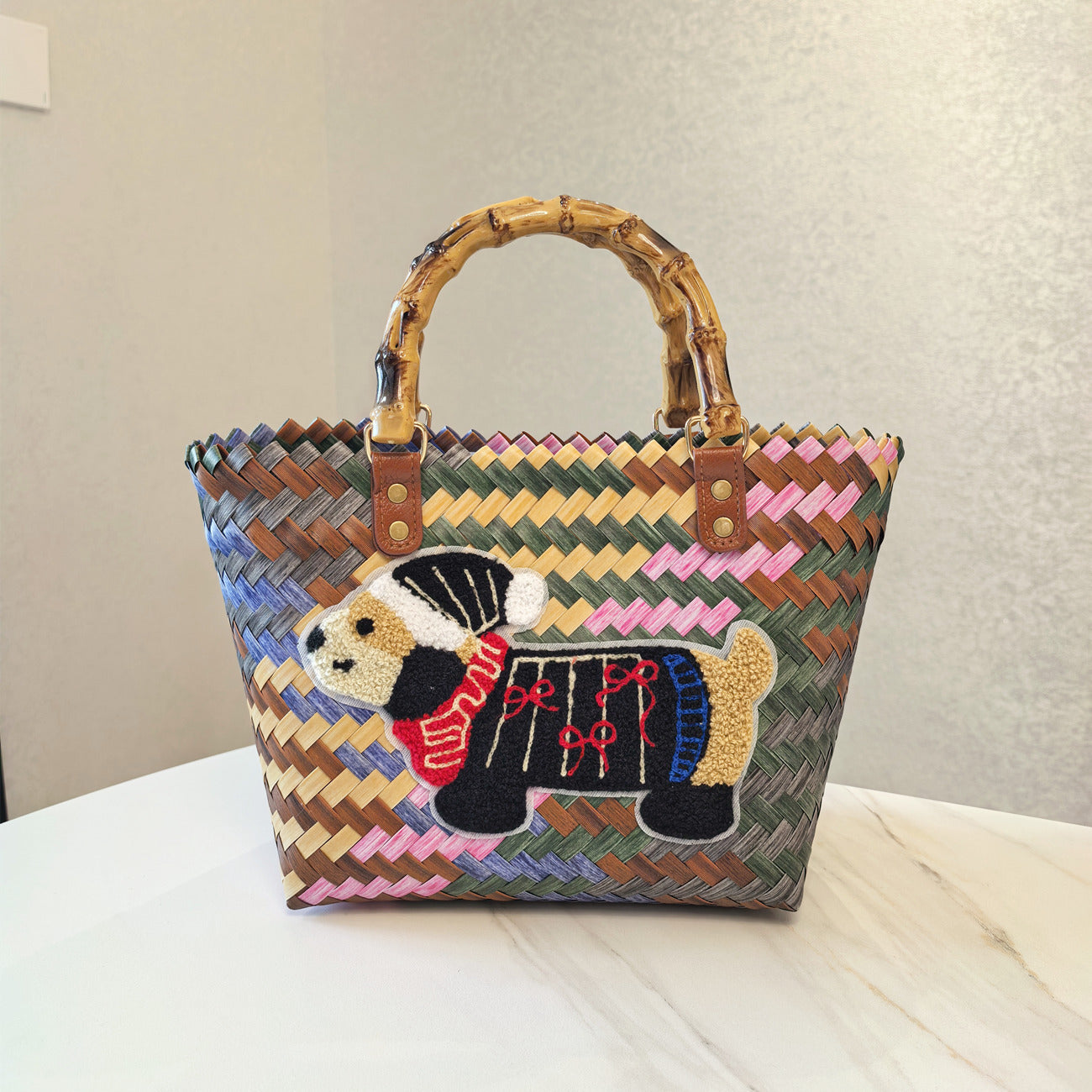 Vintage Stripe Sausage Dog Woven Bag