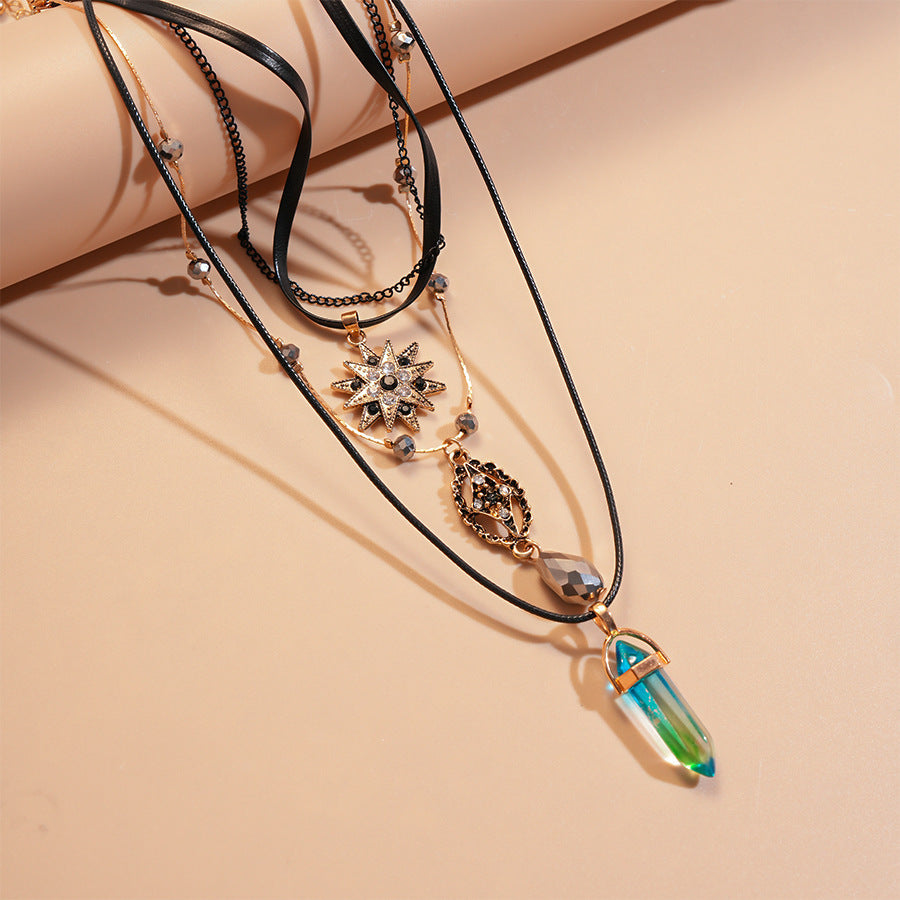 Two-piece European And American Diamond Leather Crystal Eight-pointed Stars Clavicle Chain