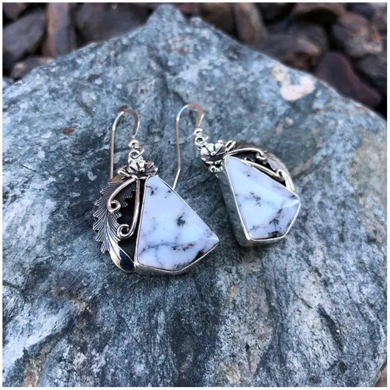 Retro Creative Feather Leaf Eardrops Flower White Turquoise Earrings