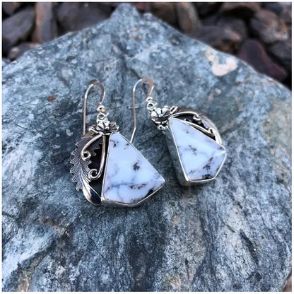 Pendientes retro creativos con forma de hoja, plumas y flores de color turquesa blanco