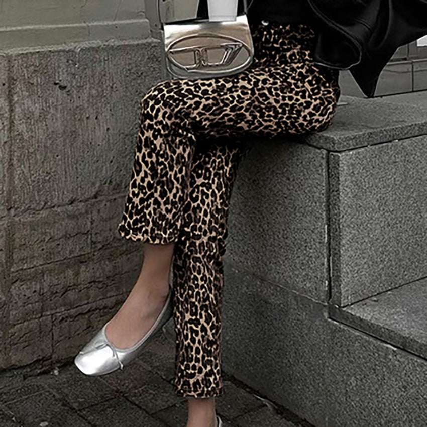 Leopard Print High Waist Straight Pants Retro Smart Trousers Women