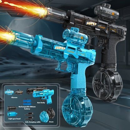 Pistolas de agua eléctricas con luces LED para niños, simulación de disparo y retroceso, potente pistola rociadora de agua automática, juguetes de verano para exteriores.