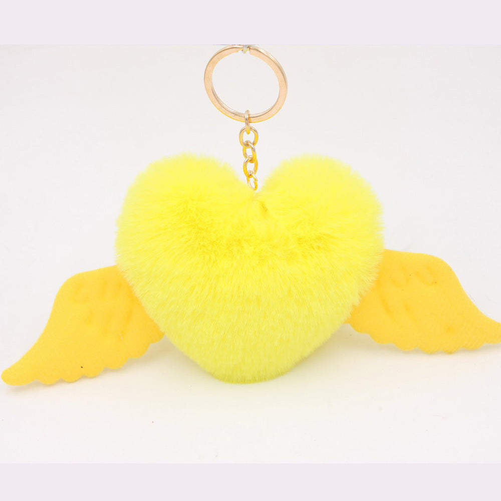 Peach Heart Wings Heart Wool Ball Keychain Pendant