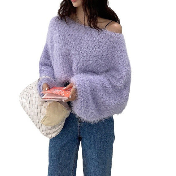 Women's Round Neck Pullover Puff Sleeve Sweater Younger Knitwear Outer Wear