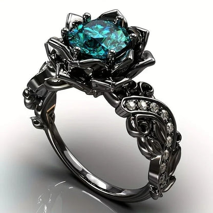 Anillo punk sencillo personalizado con nicho de circonita y cristales de colores de rosa negra.