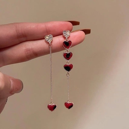 Silver Needle Asymmetric Diamond Love Chain Earrings
