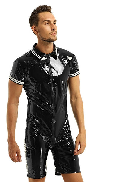 Stretch Bright Leather Faux Latex Patent Men's Shapewear Bodysuit