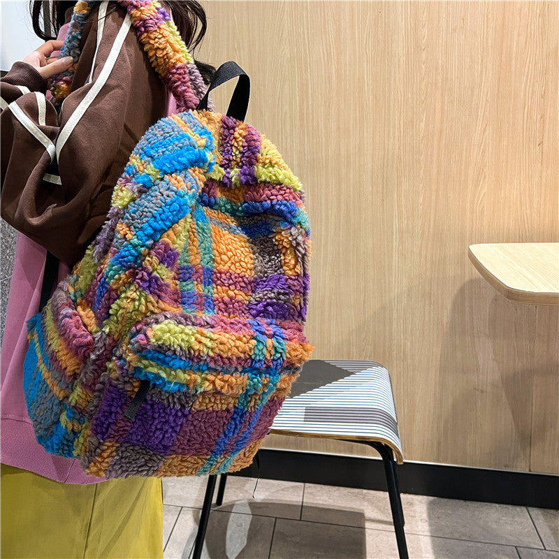 Niche – Retro-Rucksack aus Plüsch mit Karomuster und neuer Lammwolle