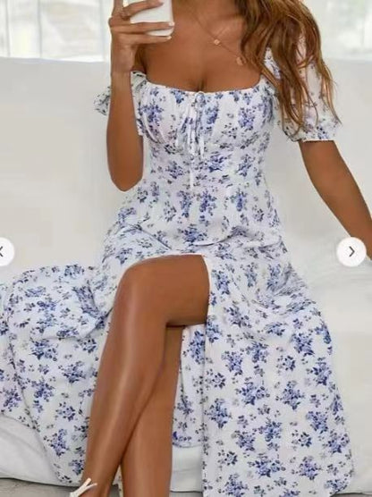 Vestido largo playero de manga corta con estampado floral y cordones para verano, ropa de mujer