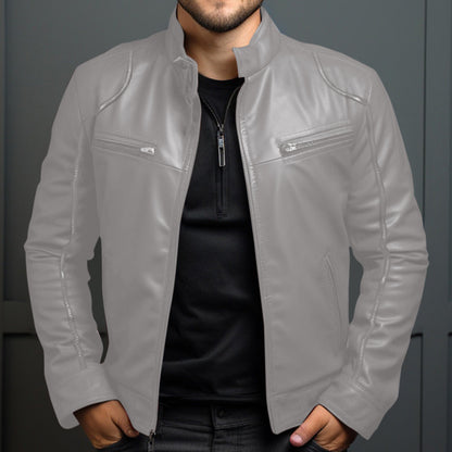 Chaqueta de cuero para motociclista con cuello alto para hombre