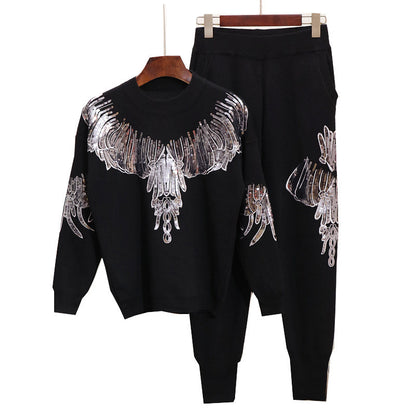 Suéter de punto de manga larga, pantalones de punto casuales, traje de punto de moda para mujer