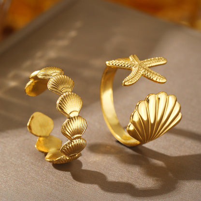 Anillo ajustable abierto con diseño de concha y estrella de mar estilo vacaciones de elementos marinos para mujer