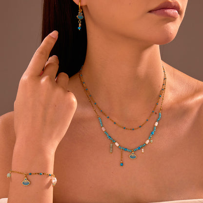 Collar de hilo de cuentas de colores, pendientes y pulsera de acero inoxidable