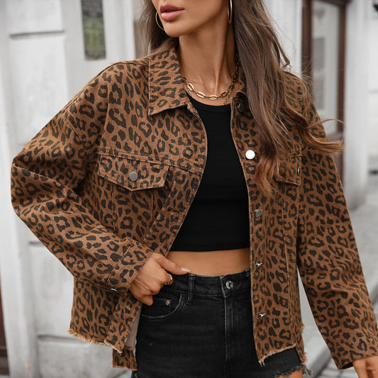 Women's Loose Street Style Personalized Leopard Print Denim Short Jacket