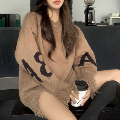 Schwarzer Strickpullover im koreanischen Stil für Damen mit lockerem und müßigem Wind