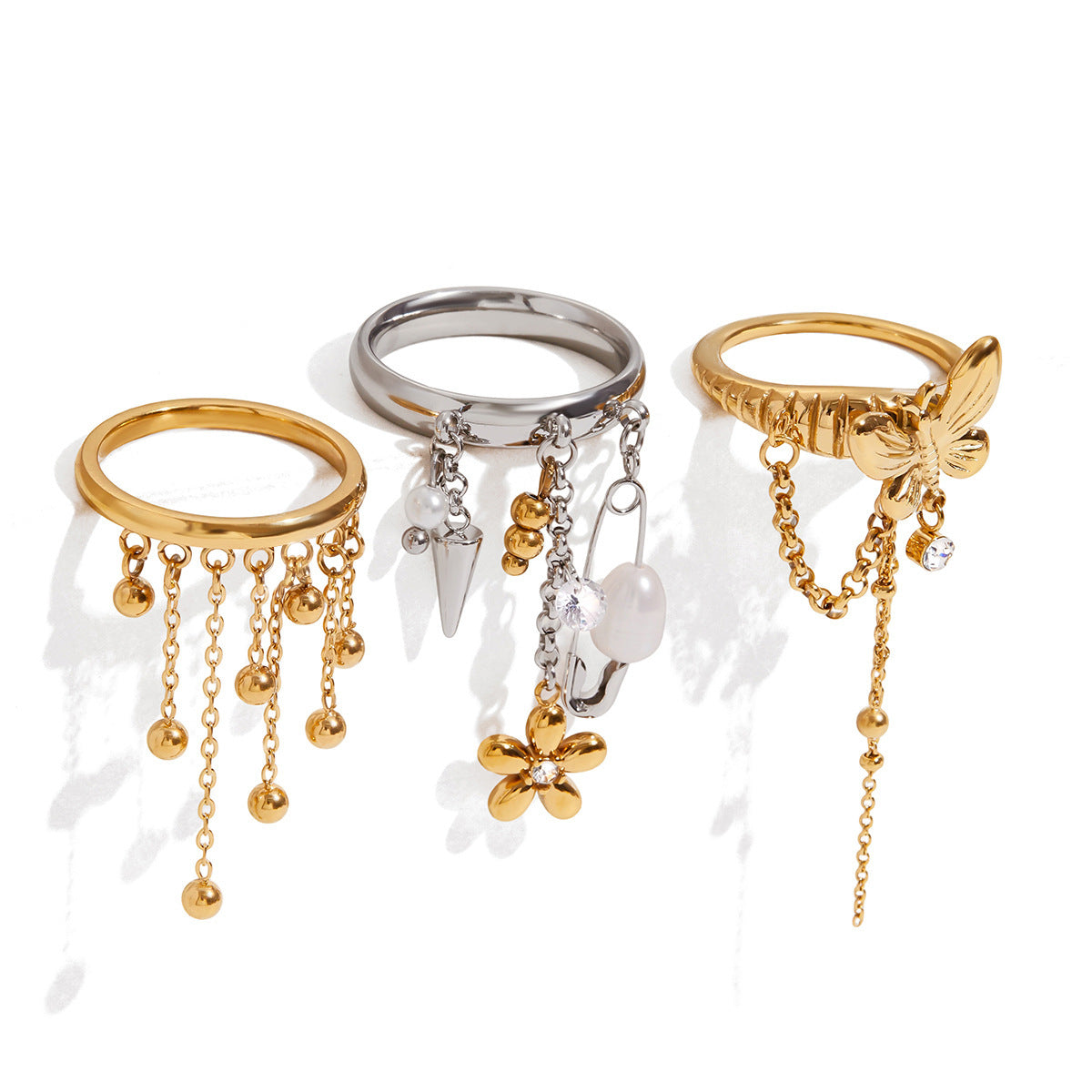 Design Sweet 18K Gold Handmade Steel Ball Tassel Stainless Steel Ring