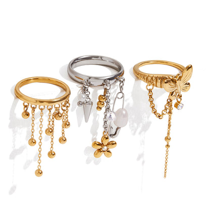 Design Sweet 18K Gold Handgefertigter Edelstahlring mit Stahlkugelquaste